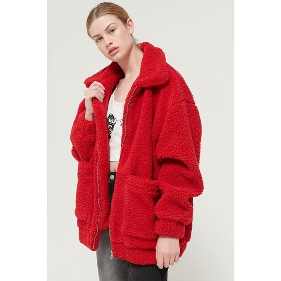 I.AM.GIA Women's Pixie Teddy Coat Medium Oversize Sherpa Jacket Red Fuzzy Fleece - Picture 1 of 10